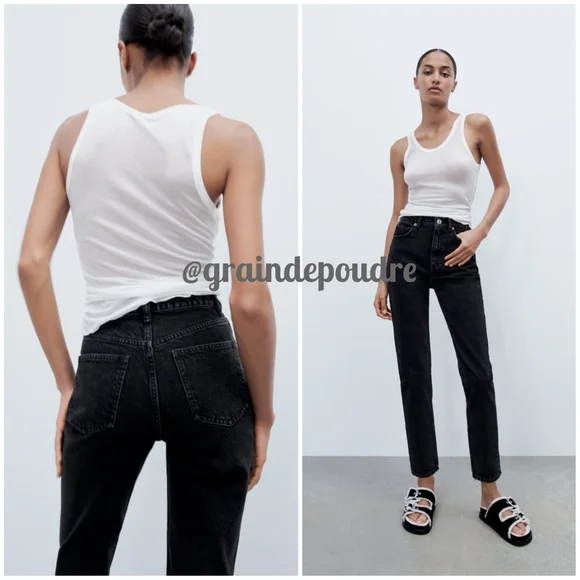 New! Zara Black Classic Mom Fit High Rise Stiff Jeans Ankle Length 34 2 - Picture 1 of 1